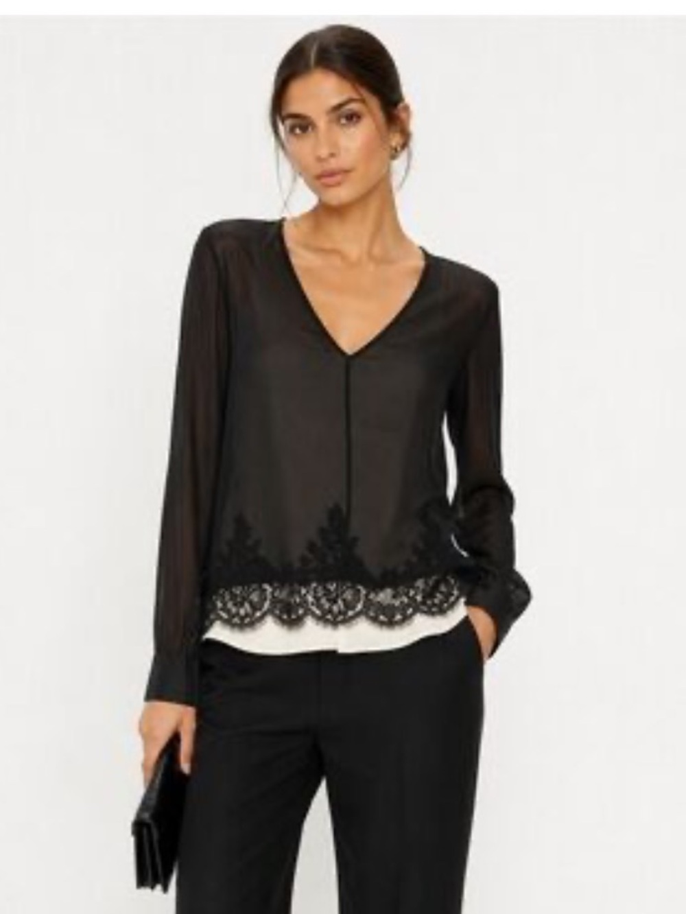 Robert Rodriguez Blouse Black Long Sleev Silk Floral Lace Embroidery Sz 8
